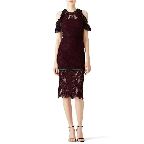 ALEXIS Evie Lace Midi Sheath Dress Womens Small Burgundy Crew Neck Cold Shoulder - Picture 1 of 16